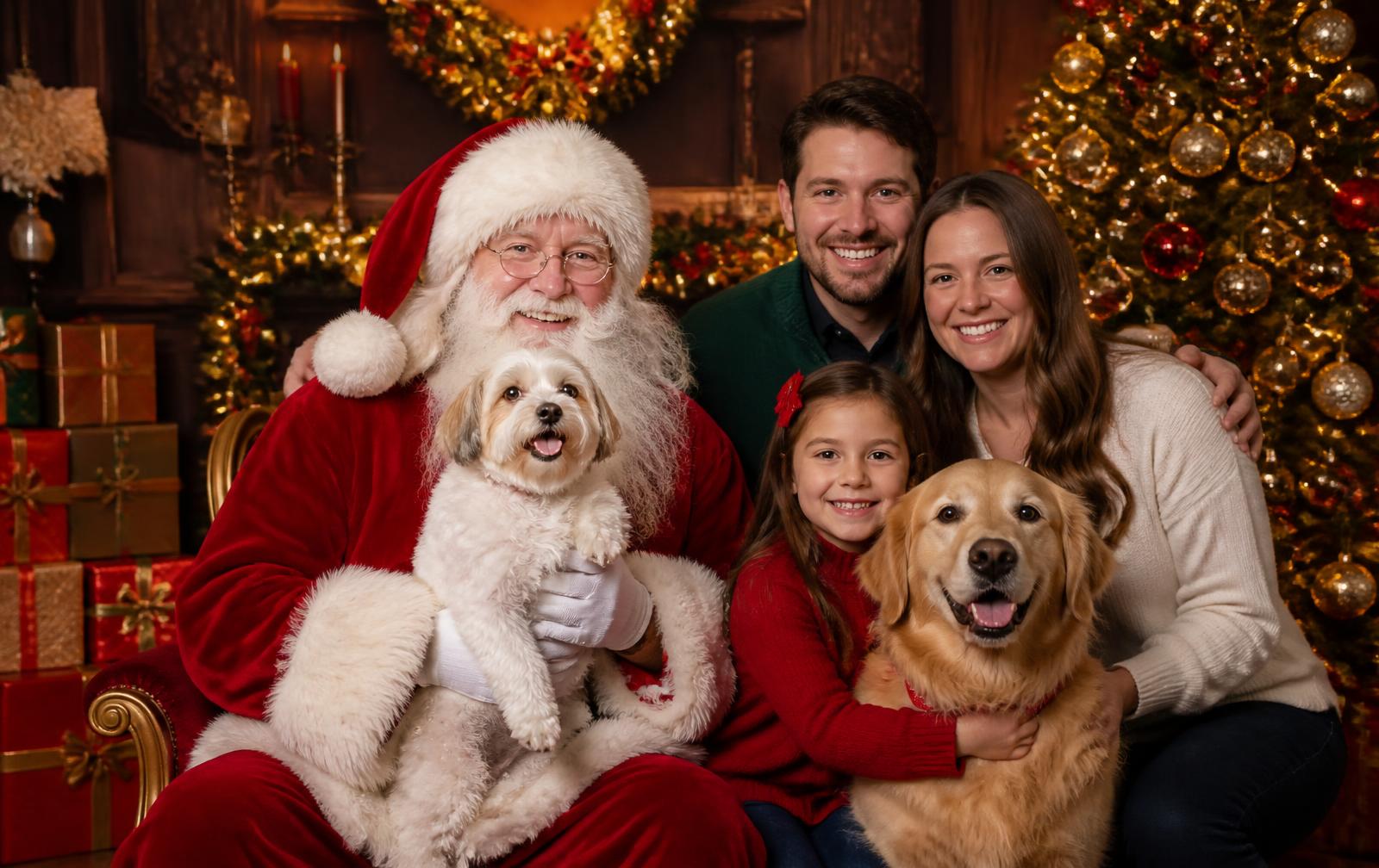 Santa Claus holding a small dog beside a smiling family and their golden retriever